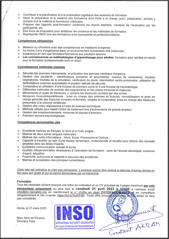 OFFRE D'EMPLOI : INSO recrute un Training officer-First Aid (TOFA)