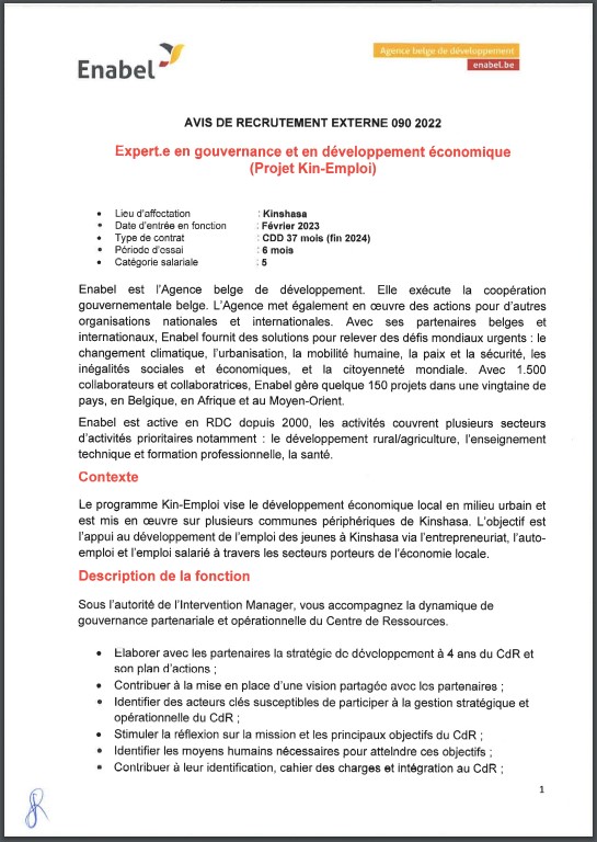 OFFRE D'EMPLOI : Enabel recrute un expert(e) en gouvernance et en développement économique (Projet Kin-Emploi)