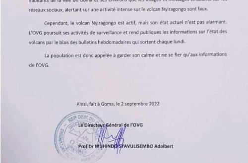 <p>les images et messages circulant sur les réseaux sociaux, alertant une activité intense sur le volcan Nyiragongo sont faux  » (OVG)</p>
