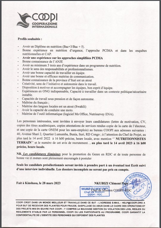 OFFRE D'EMPLOI : COOPI recrute des Nutritionniste Terrain