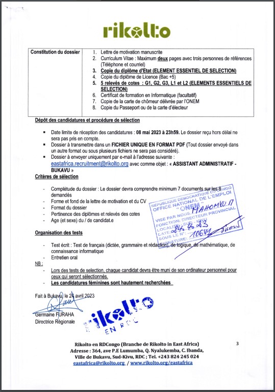 OFFRE DEMPLOI : Rikolto recrute un(e) Assistant(e) Administratif Junior Basé(e) à BUKAVU