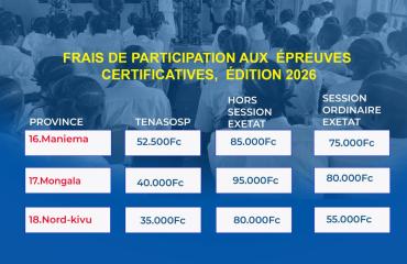 Nord-Kivu : le ministère de l’Éducation fixe à 135 000 FC les frais de participation à l’Exetat 2026 et à 35 000 FC ceux du TENASOSP